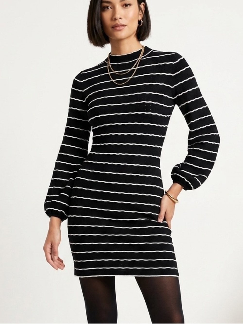 Kittenish Black and White Striped Long-Sleeve Knit Dress trendy chic party 1345